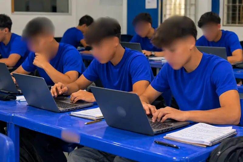 Residentes con camiseta azul trabajan en computadores portátiles.